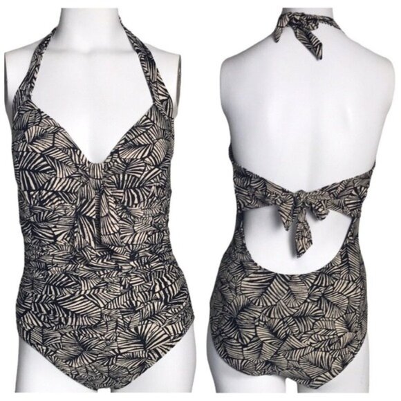 Seafolly Halter Tie Leaf Tropical Print Swimsuit High Cut sz 6 - Picture 1 of 12
